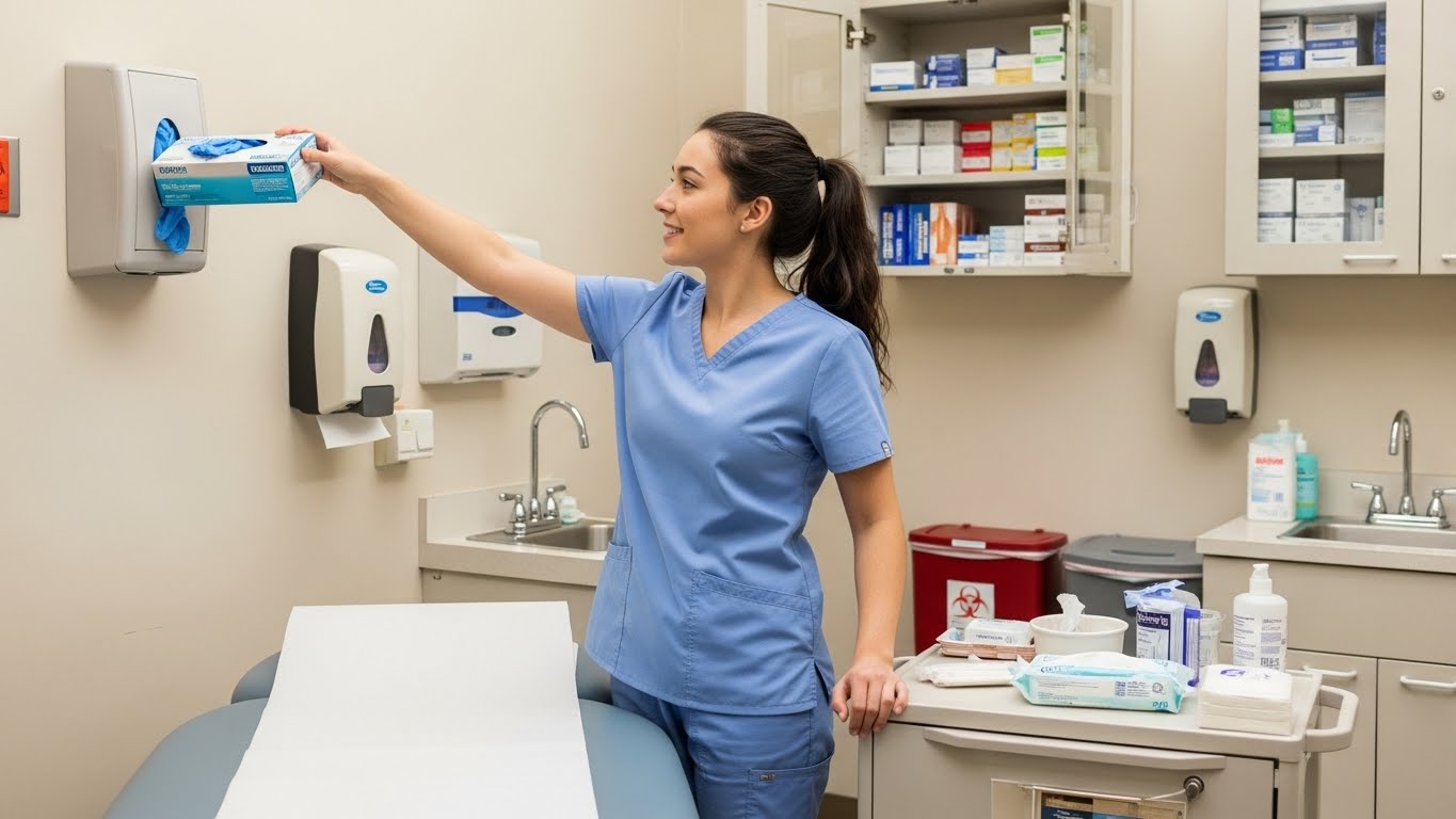 medical assistant restlcking the exam room between patients