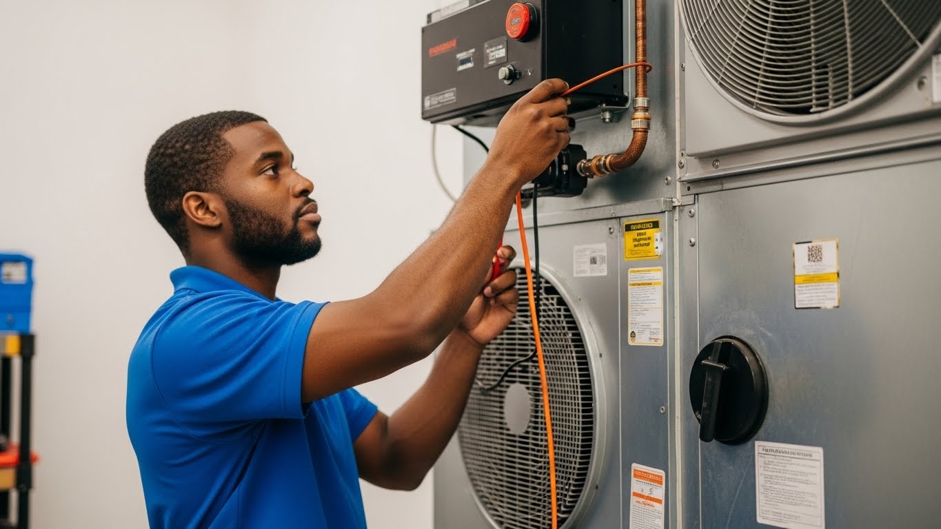 hvac technician working on commercial air conditoner