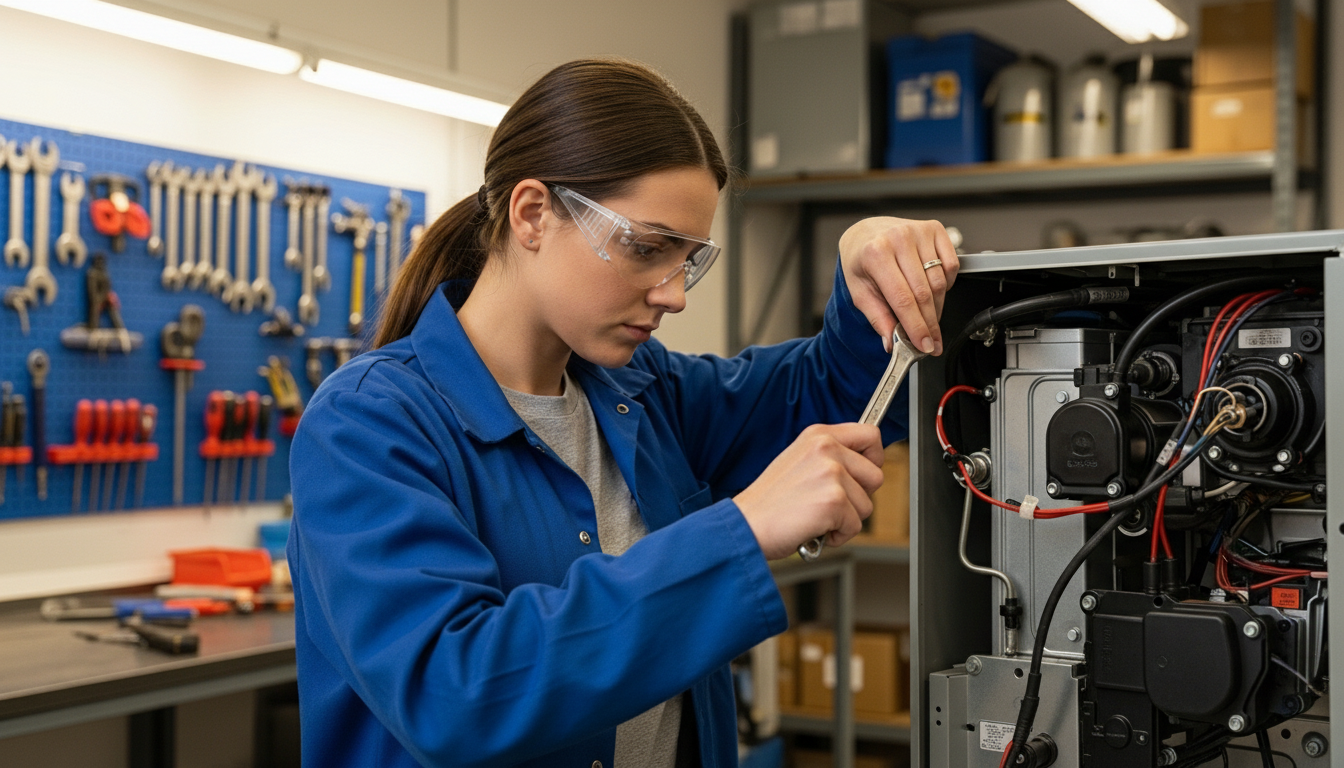 hvac student in workshop at school fixing HVAC unit