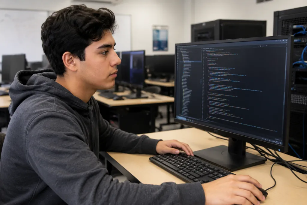 network engineer student coding in computer lab