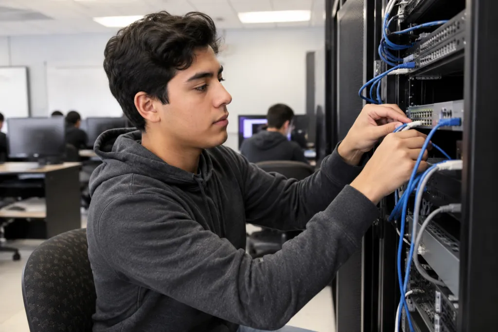 network engineer student working on a network server in a computer lab